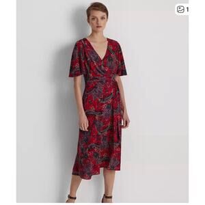 LAUREN Ralph Lauren Womens Red Paisley Midi Crepe Fit & Flare Dress Sz 6
